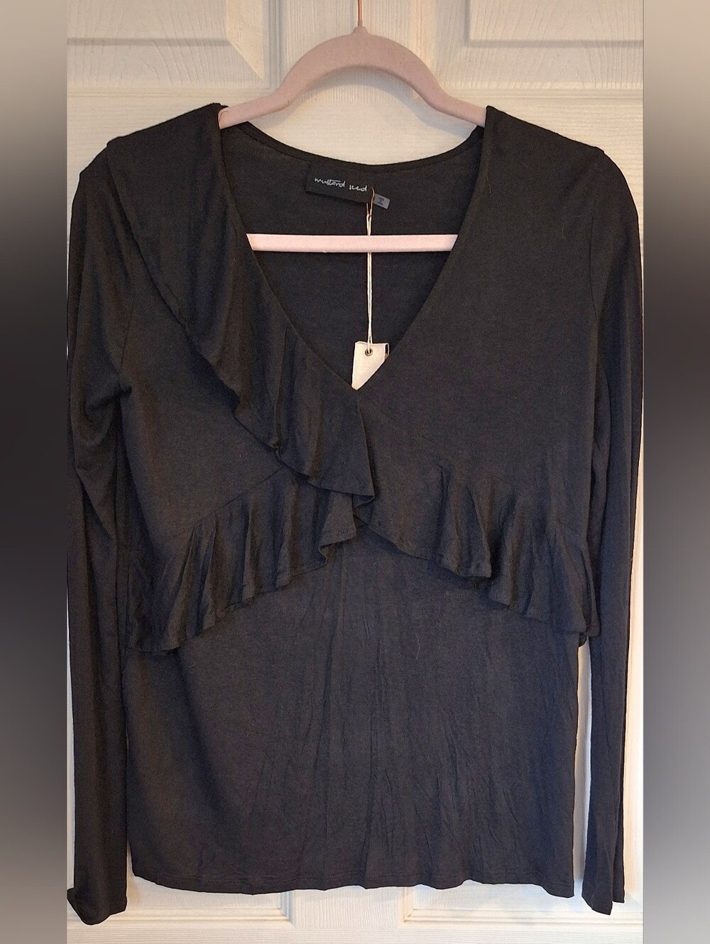 Mustard Seed Black Ruffle Long Sleeve V Neck Top NWT